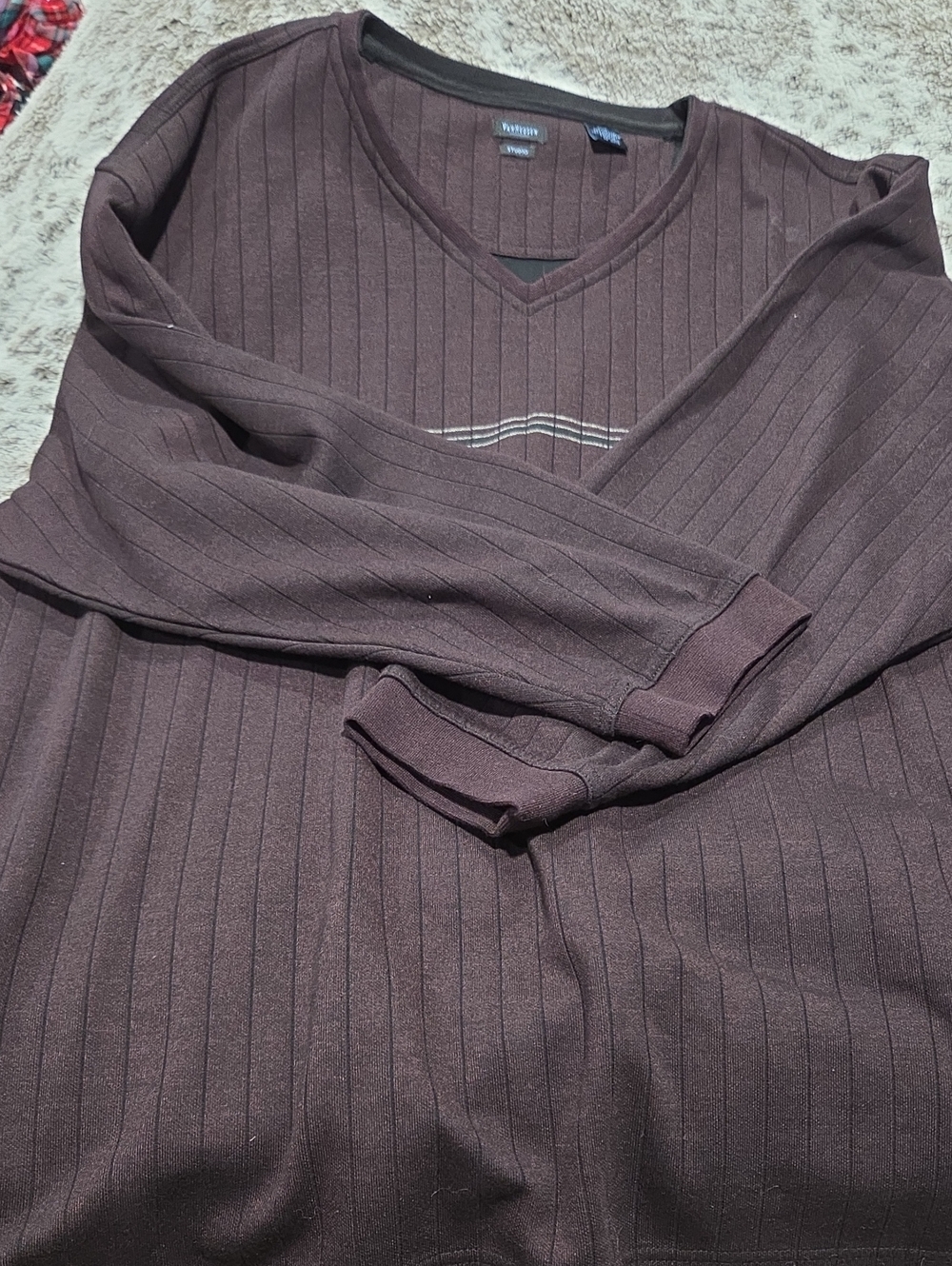 Brown V-Neck Ribbed Sweater with Subtle Stripe